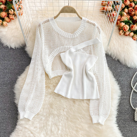 Hollow Knitted Sweater & Camisole & Skirt Three-piece Suit