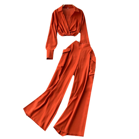 Lapeled Shirt&Wide-leg Trousers 2Pcs Set