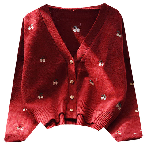 Cherry Pattern Embroidered Knitted Cardigan