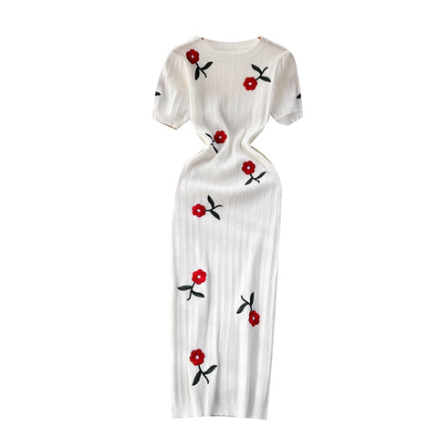 Elegant Embroidered Rose Knitted Dress