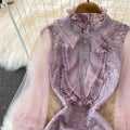 Ruffled Mesh-paneled Lace Crochet Dress