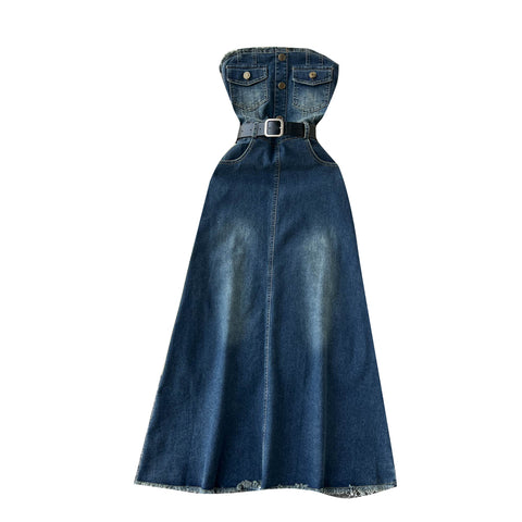 Vintage Off-shoulder Tassel Denim Dress