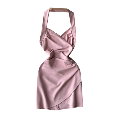 Irregular Design Solid Pleated Halter Dress