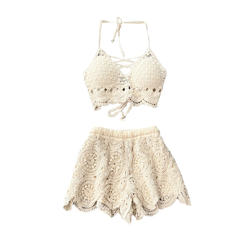 Knitted Halter Top& Wide-leg Shorts 2Pcs