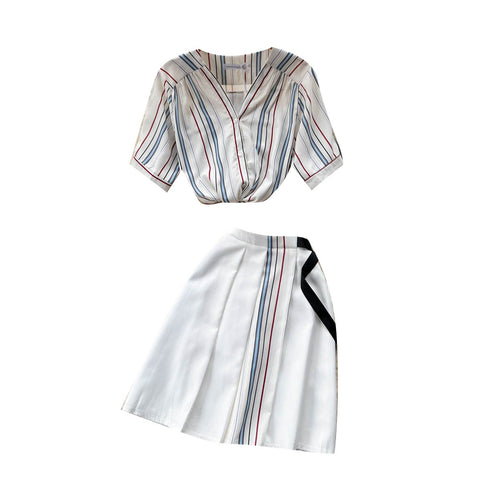 Short-sleeved Shirt&High-waist Skirt Striped 2Pcs