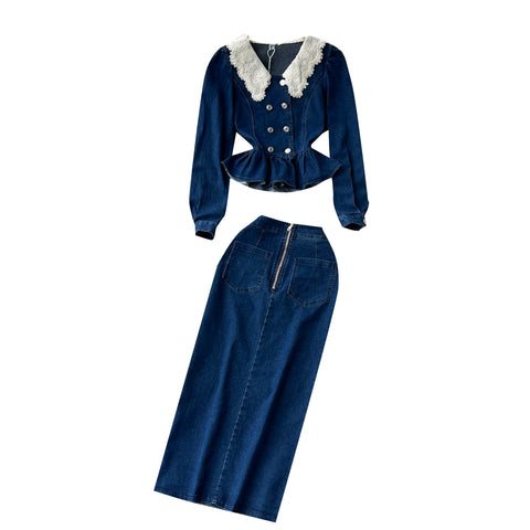 Doll Collar Jacket&Skirt Denim 2Pcs Set