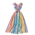 Rainbow Printed Ruffled V-neck Dress