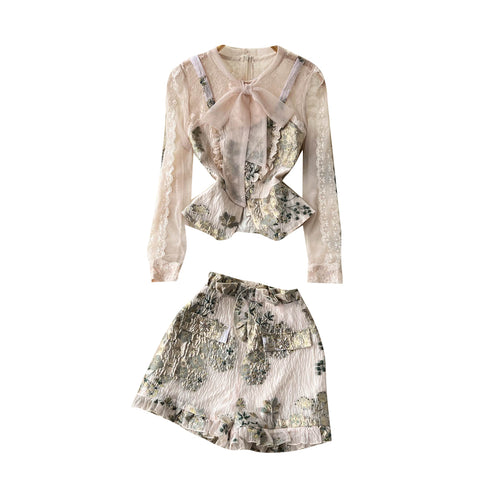 Lace-paneled Shirt&Jacquard Shorts 2Pcs