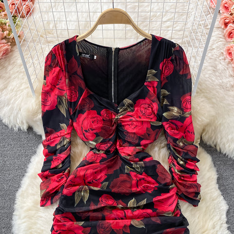 Rose-print Waist-neck Mesh Stretch Dress