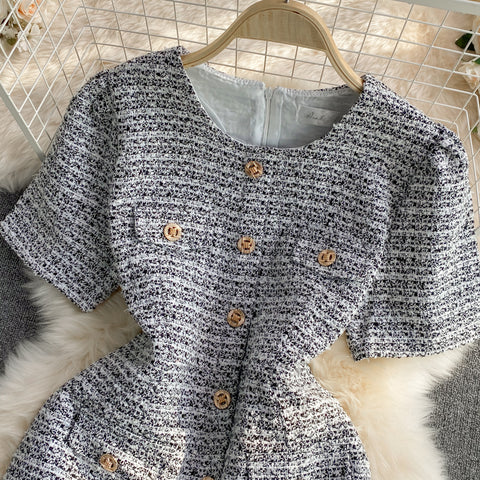 Round Neck Single-breasted Tweed Dress