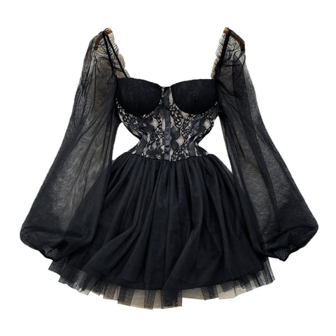 High Waist Puffy Black Lace Dress