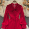 Red Long-sleeved Shirt Waisted Up Dress