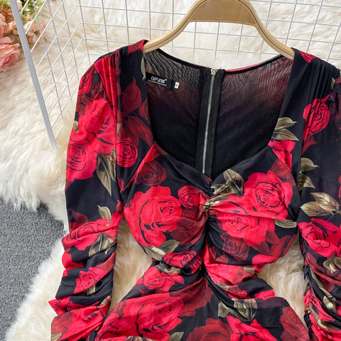 Rose-print Waist-neck Mesh Stretch Dress