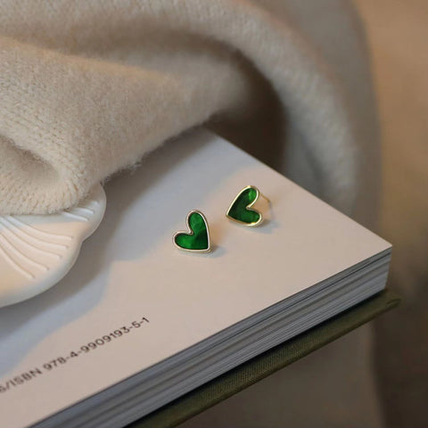Retro Dark Green Heart-shaped Earrings