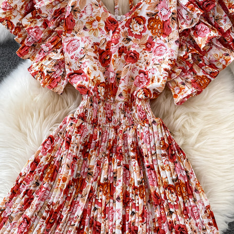 V-Neck Ruffle Sleeve Floral Pleated Dress