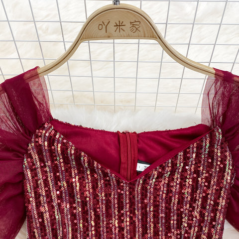 Short Sleeve Glitter V-Neck Fishtail Pack Hip Dress