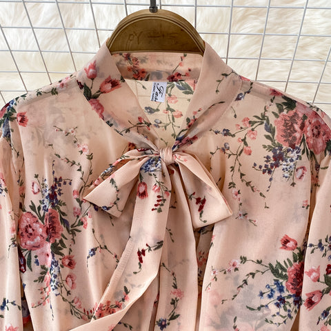 Two-piece Bow Tie Floral Chiffon Shirt And Skirt