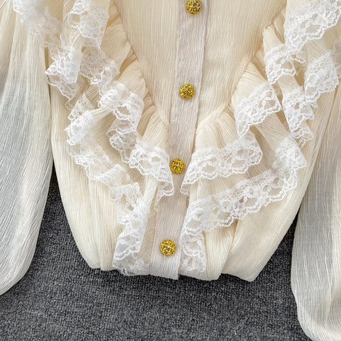 Stand-collar Lace Flared Sleeve Chiffon Shirt