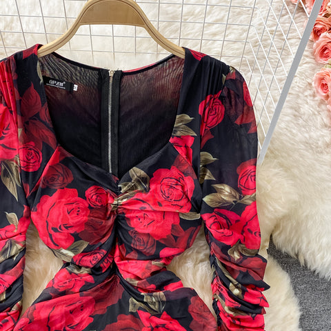 Rose-print Waist-neck Mesh Stretch Dress