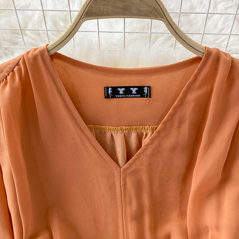 Puff Sleeve High Waist V Neck Chiffon Dress