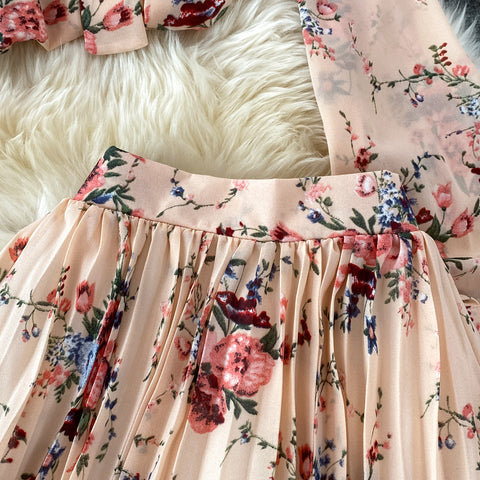 Two-piece Bow Tie Floral Chiffon Shirt And Skirt