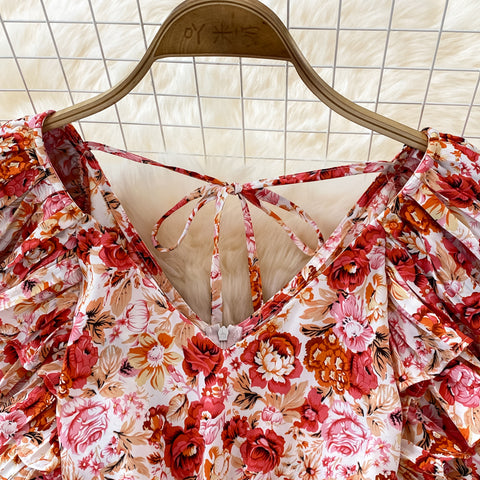 V-Neck Ruffle Sleeve Floral Pleated Dress