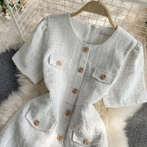 Round Neck Single-breasted Tweed Dress