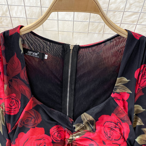 Rose-print Waist-neck Mesh Stretch Dress