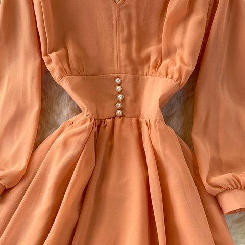 Puff Sleeve High Waist V Neck Chiffon Dress