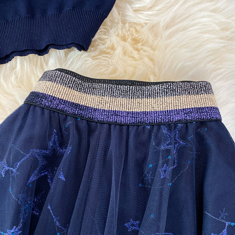 Star Sequined Mesh Skirt & Knit Top Two-piece