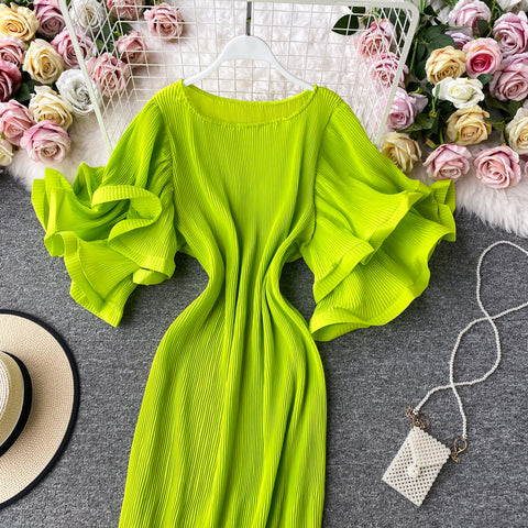 Ruffled Flared Sleeve Pleated Dress