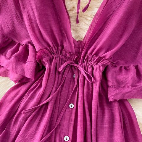 Single-breasted Split Drawstring Smocked Dress