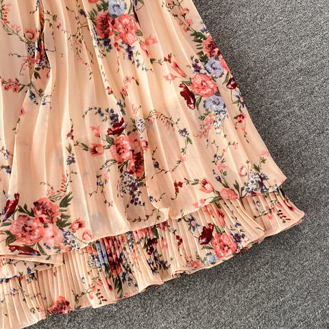 Two-piece Bow Tie Floral Chiffon Shirt And Skirt
