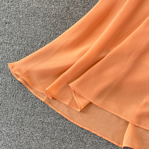 Puff Sleeve High Waist V Neck Chiffon Dress