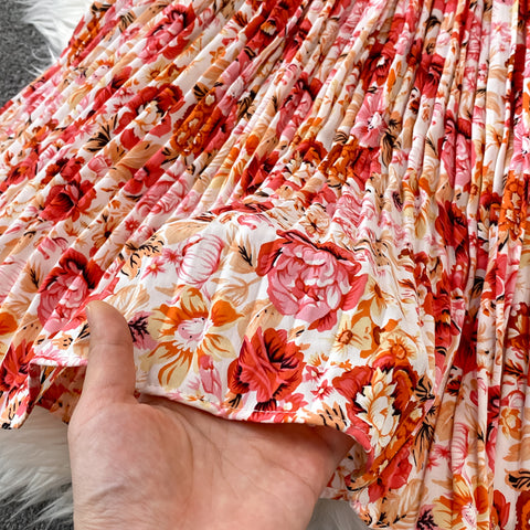 V-Neck Ruffle Sleeve Floral Pleated Dress