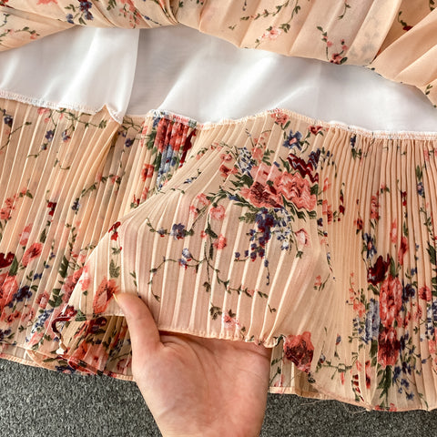 Two-piece Bow Tie Floral Chiffon Shirt And Skirt