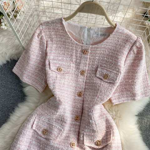 Round Neck Single-breasted Tweed Dress