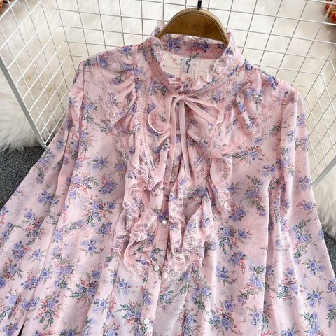 Lace Floral Chiffon Shirt Lace-Up Top