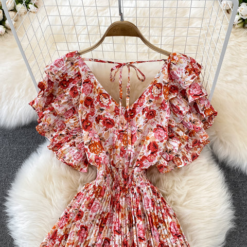 Fairy Ruffle Sleeve Floral Pleated Dress
