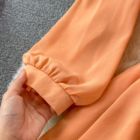 Puff Sleeve High Waist V Neck Chiffon Dress