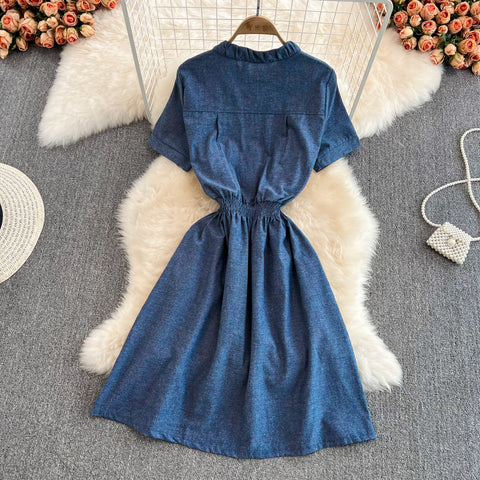 Stand Collar Zip Jacquard Embroidered Waist Dress