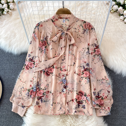 Two-piece Bow Tie Floral Chiffon Shirt And Skirt