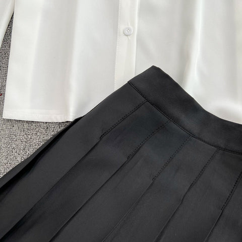 Tie Shirt Top High Waist Pleated Skirt Two Piece Set