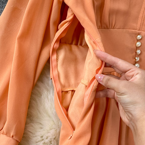 Puff Sleeve High Waist V Neck Chiffon Dress