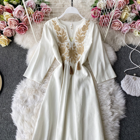 Cotton&Linen Embroidered Tassel dress