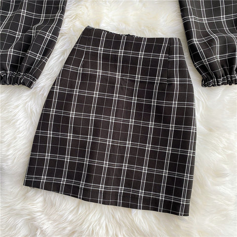 Plaid Square Neck Top + Skirt Two-piece Set