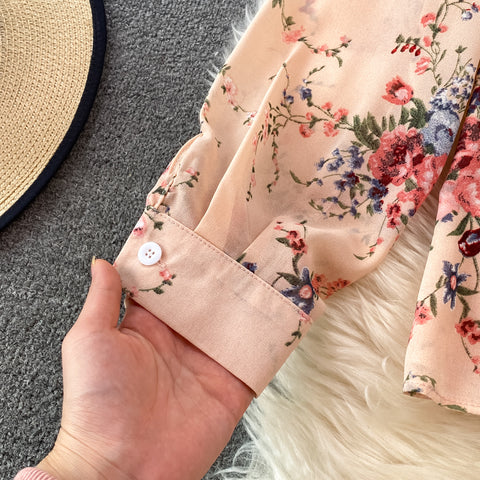 Two-piece Bow Tie Floral Chiffon Shirt And Skirt