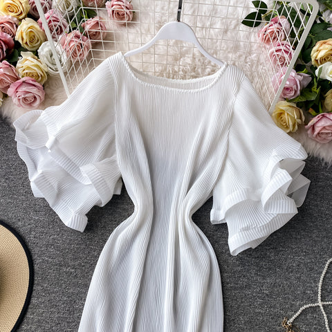 Ruffled Flared Sleeve Pleated Dress