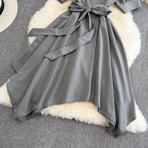 Solid Colour V-neck Bow Tie Dress