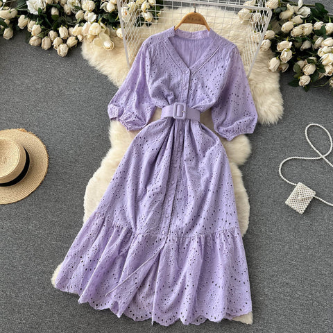 Frock With Hollow V-neck And Bubble Sleeves
